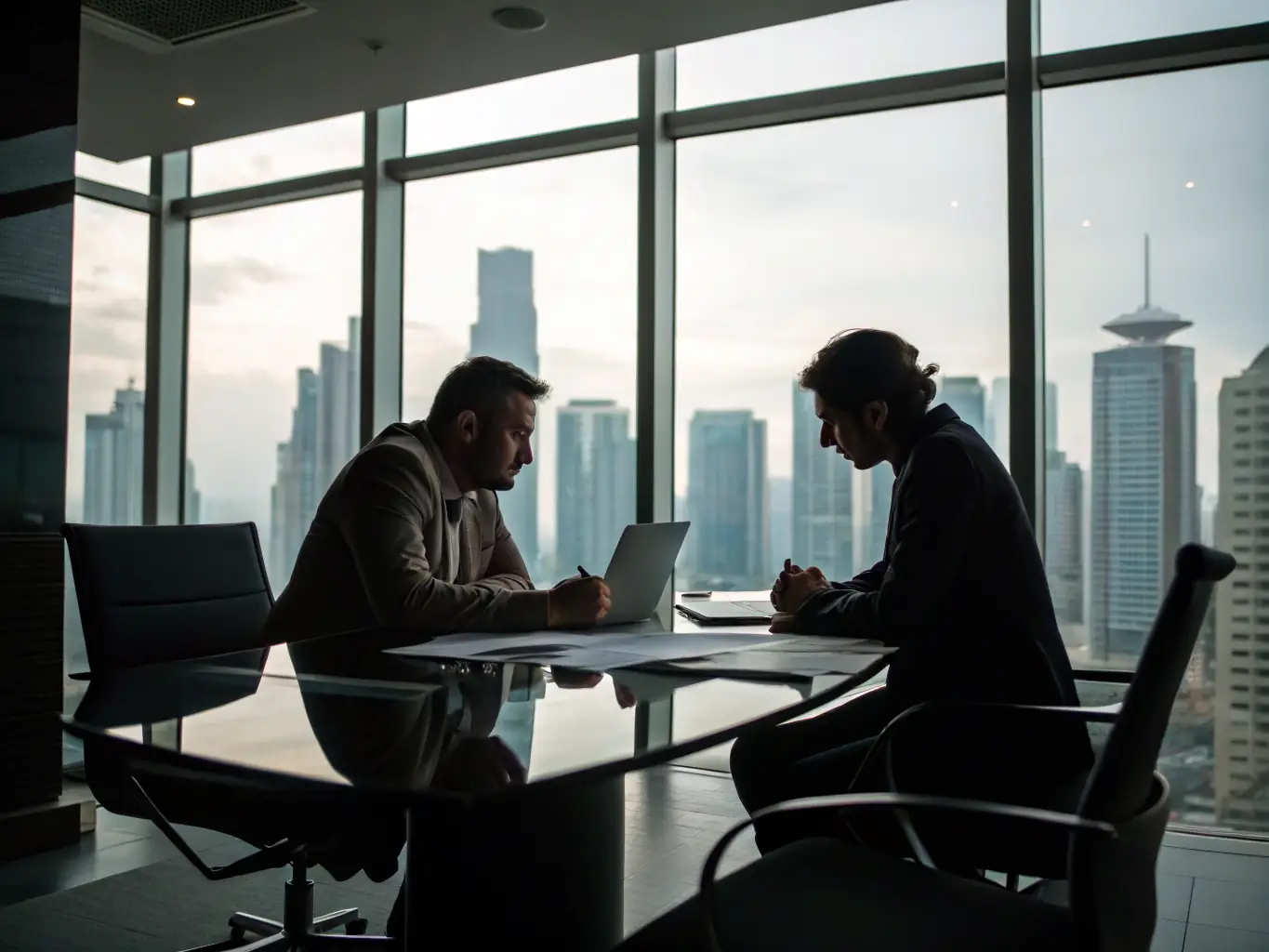 An image of a professional coaching session with a coach and client discussing strategies in a modern office setting, representing SkillUKUno's Business Coaching Program.